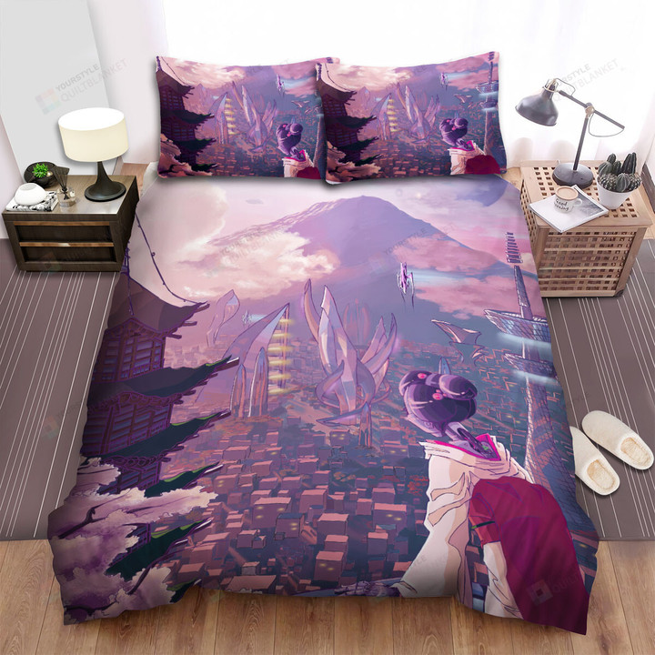 Mount Fuji Fantasy Art Robot In Kimono Watching The City Bed Sheets Spread Comforter Duvet Cover Bedding Sets