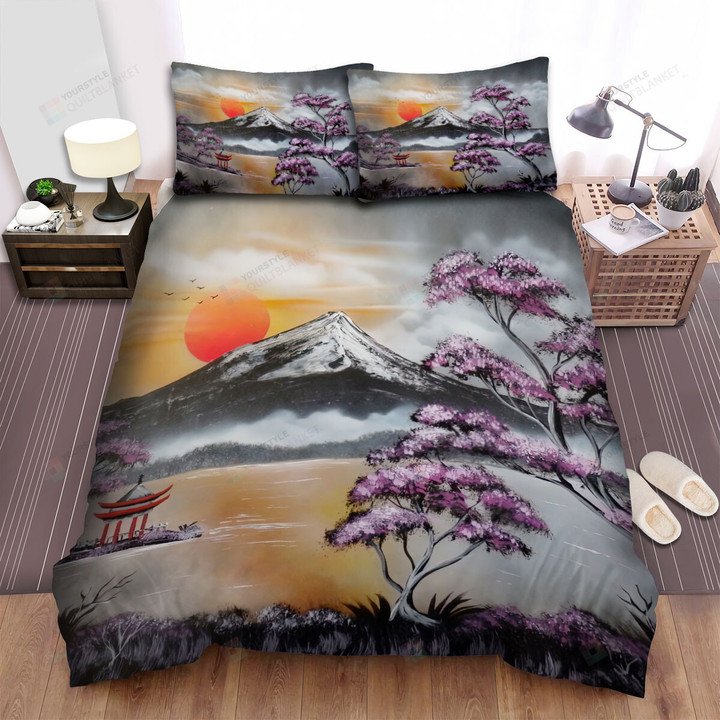 Mount Fuji Sunset Red Sun Mountain By The Lake Bed Sheets Spread Comforter Duvet Cover Bedding Sets