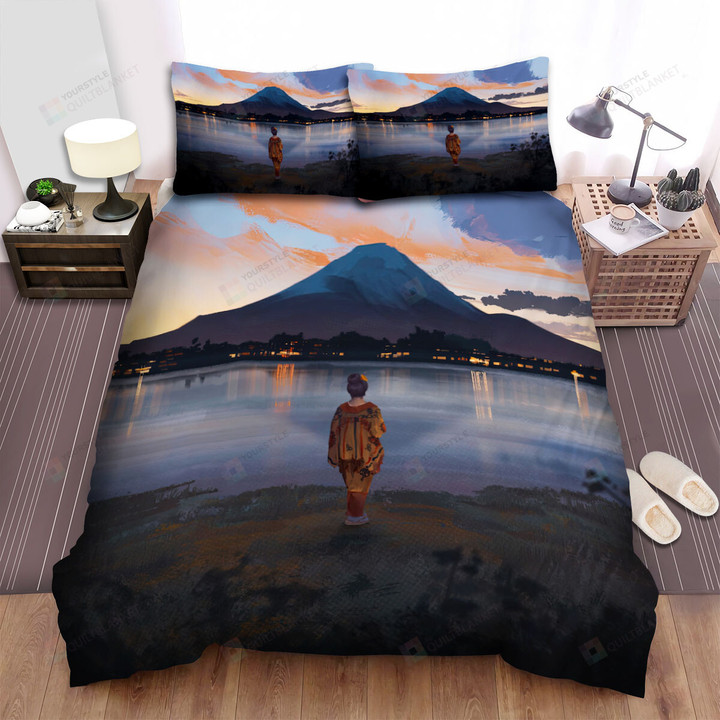 Mount Fuji Kimono Girl Standing In Front Of The Lake Bed Sheets Spread Comforter Duvet Cover Bedding Sets