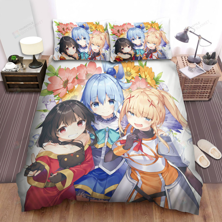 Konosuba Main Female Characters With Flowers Artwork Bed Sheets Spread Duvet Cover Bedding Sets