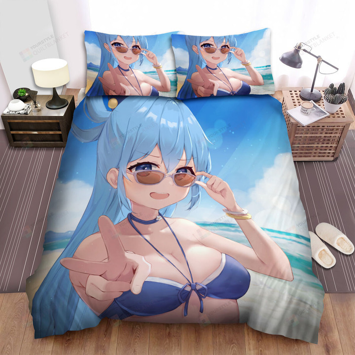 Konosuba Aqua Cute In Blue Bikini Artwork Bed Sheets Spread Duvet Cover Bedding Sets