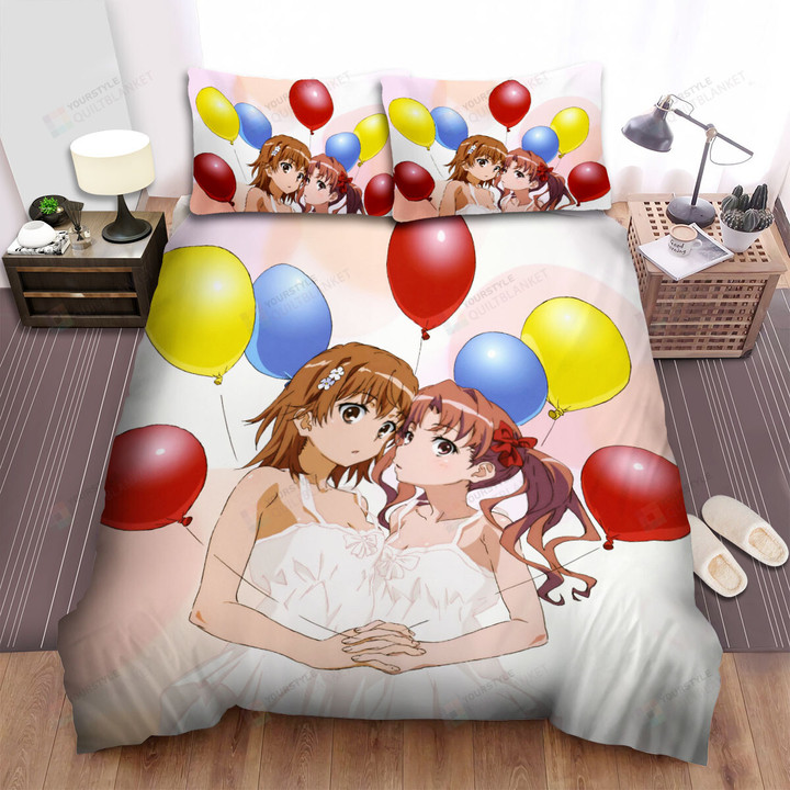 A Certain Scientific Railgun Mikoto & Misaki In White Dress & Colorful Balloons Bed Sheets Spread Duvet Cover Bedding Sets