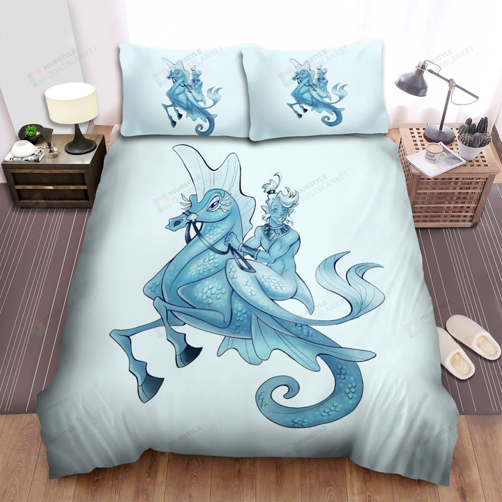 The Wild Animal - The Mermaid Shark Riding On A Seahorse Bed Sheets Spread Duvet Cover Bedding Sets
