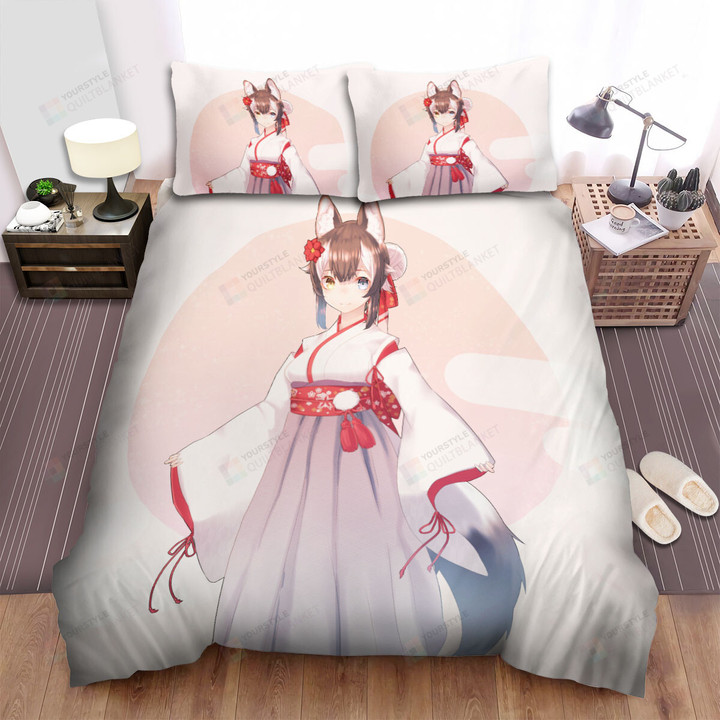 Kemono Friends Grey Wolf In Kimono Illustration Bed Sheets Spread Duvet Cover Bedding Sets