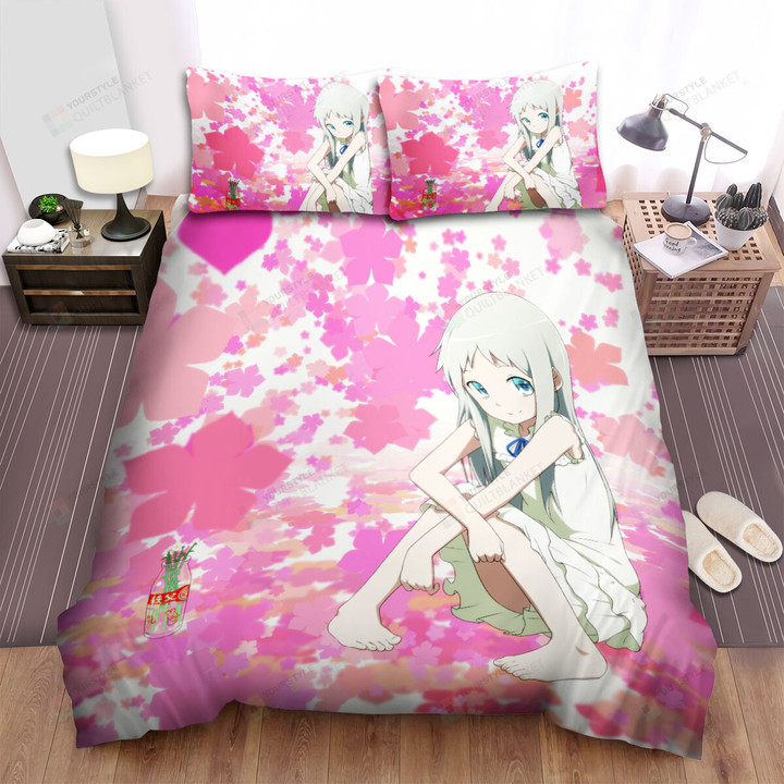 Anohana Meiko Honma & Falling Pink Flowers Bed Sheets Spread Duvet Cover Bedding Sets