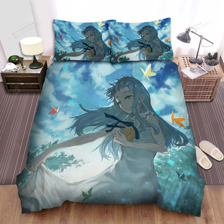Anohana Meiko Honma Playing With Colorful Butterflies Bed Sheets Spread Duvet Cover Bedding Sets
