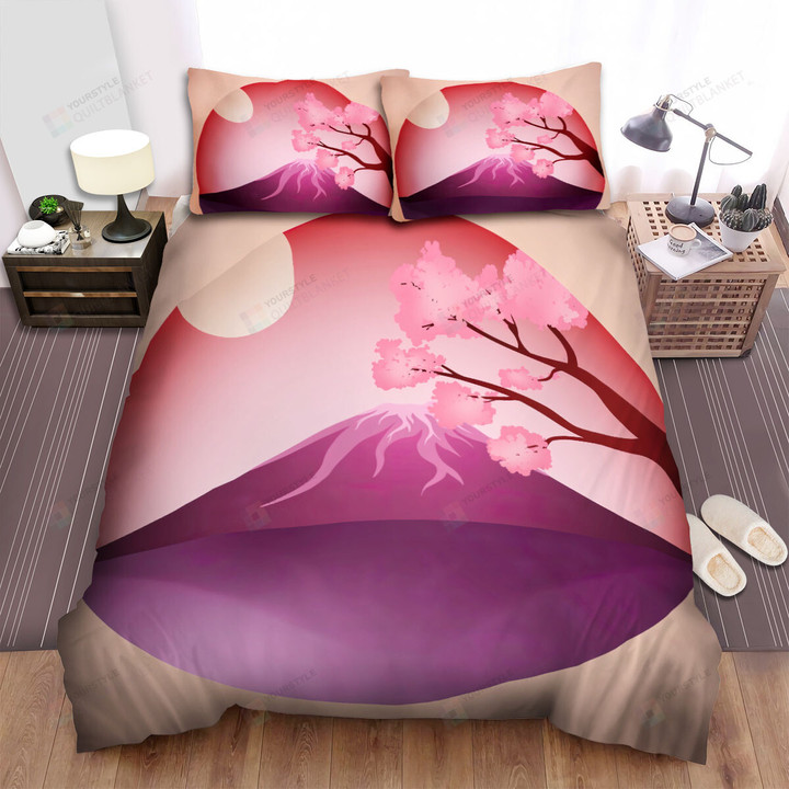 Mount Fuji Round Illustration Pink Bed Sheets Spread Comforter Duvet Cover Bedding Sets