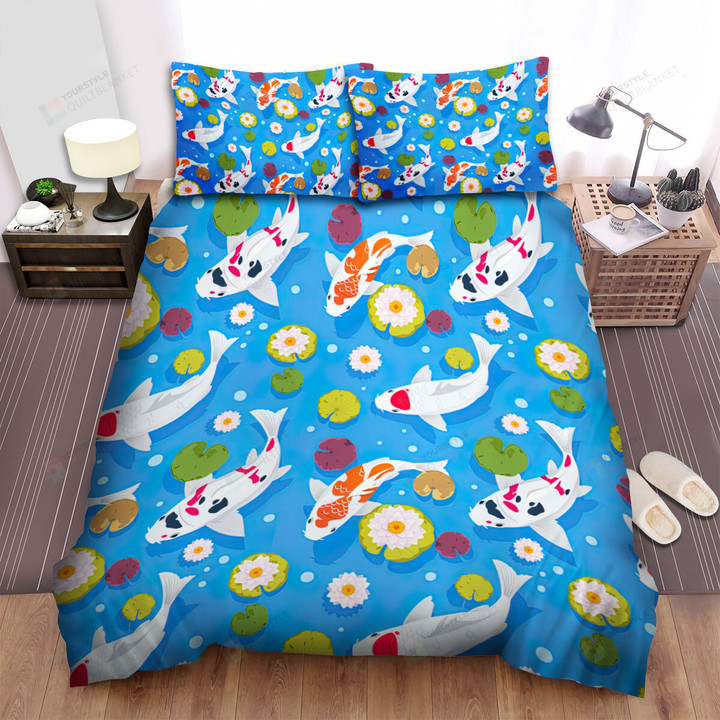 The Seamless White Koi Fish Pattern Art Bed Sheets Spread Duvet Cover Bedding Sets