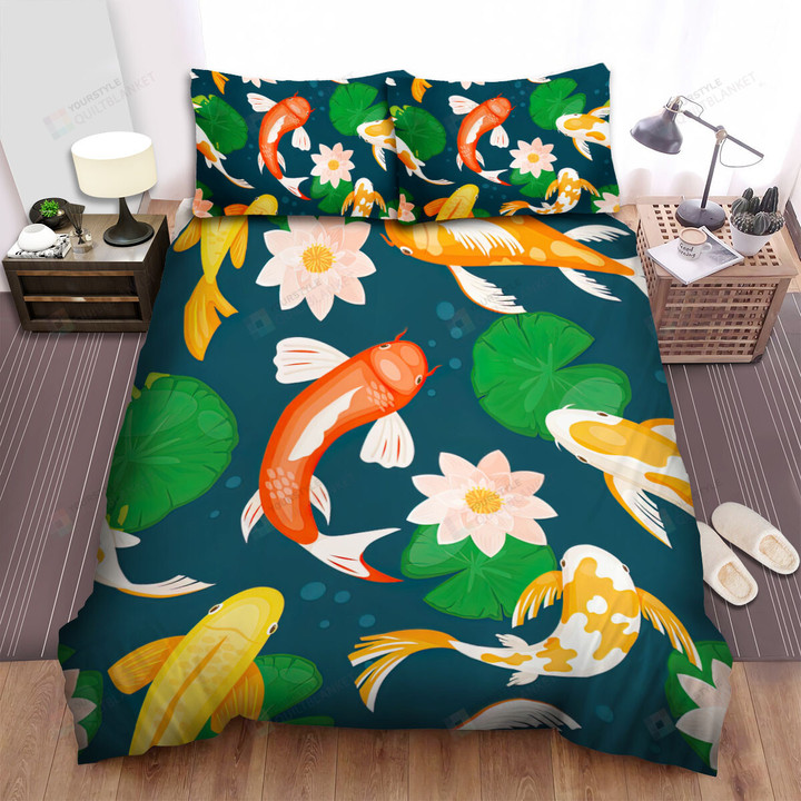 The Koi Fish And The White Lotus Bed Sheets Spread Duvet Cover Bedding Sets