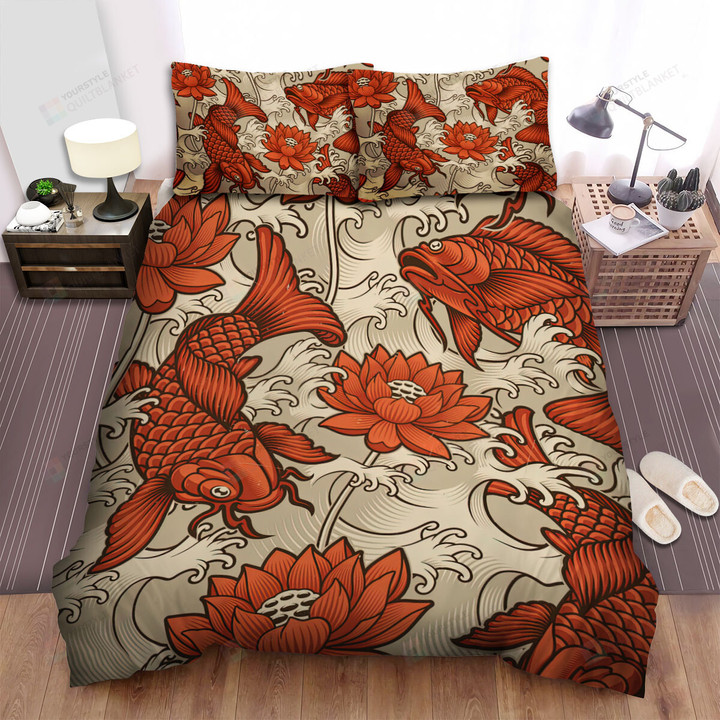 The Red Koi Fish And The Lotus Flower Bed Sheets Spread Duvet Cover Bedding Sets