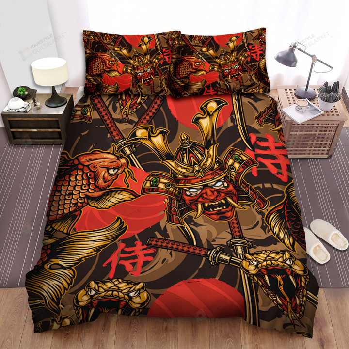The Koi Fish And The Samurai Mask Bed Sheets Spread Duvet Cover Bedding Sets
