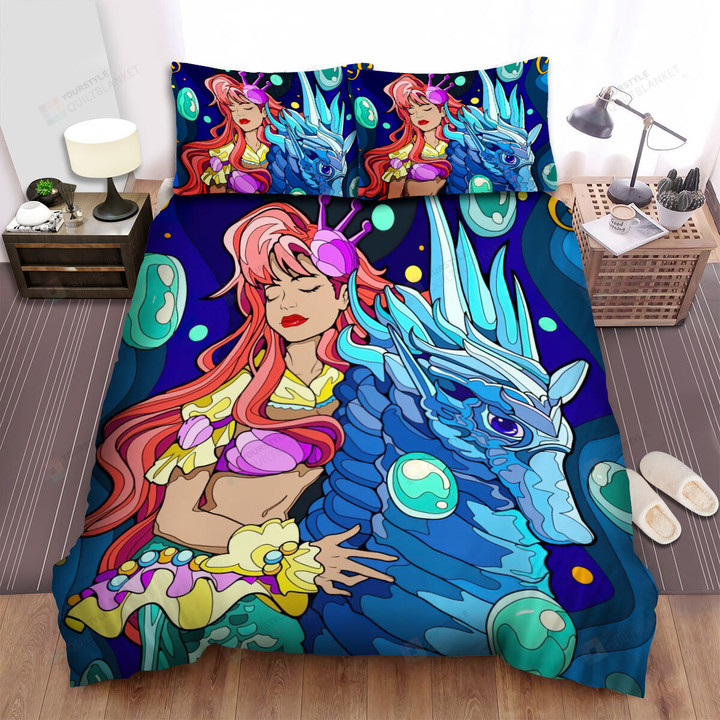 The Wildlife - The Mermaid On Her Blue Seahorse Bed Sheets Spread Duvet Cover Bedding Sets