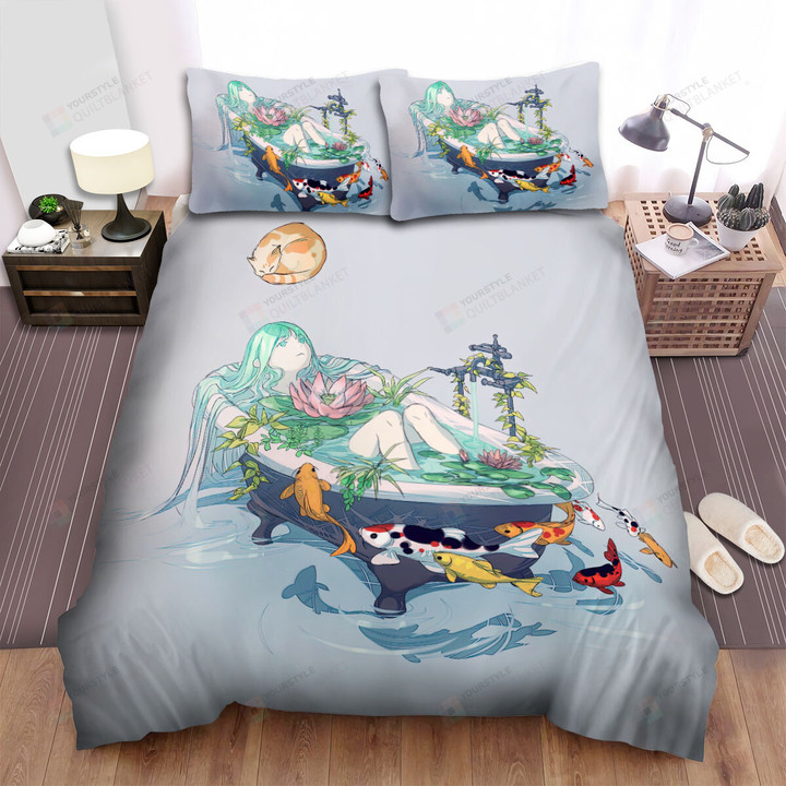 Relaxing In The Bathtub With The Koi Fish Bed Sheets Spread Duvet Cover Bedding Sets