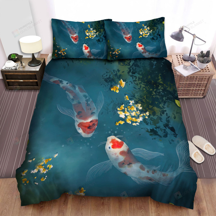 The Oriental Fish - The Kohaku Koi Fish Couple Bed Sheets Spread Duvet Cover Bedding Sets
