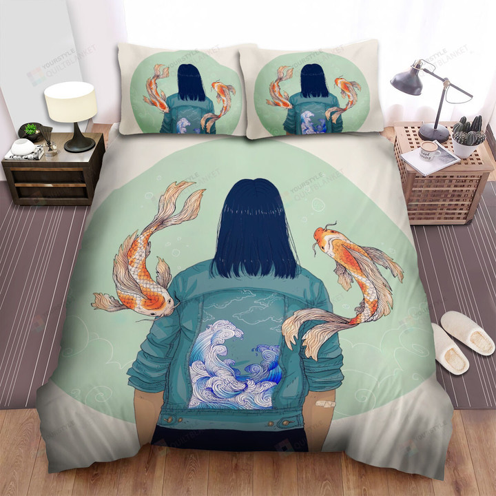 The Koi Fishes Behind The Girl Bed Sheets Spread Duvet Cover Bedding Sets