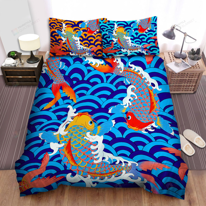 The Oriental Fish - The Koi Pack On The Wave Bed Sheets Spread Duvet Cover Bedding Sets