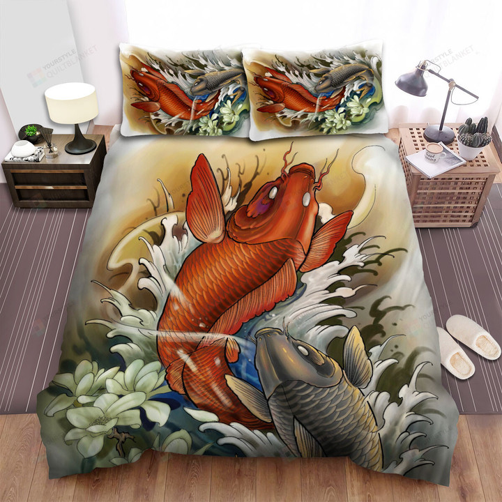 The Oriental Fish - The Koi Fish Jumping Out Of Water Artistic Bed Sheets Spread Duvet Cover Bedding Sets
