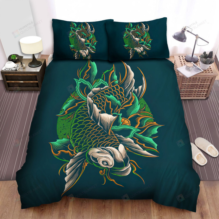 The Oriental Fish - The Black Koi Illustration Bed Sheets Spread Duvet Cover Bedding Sets