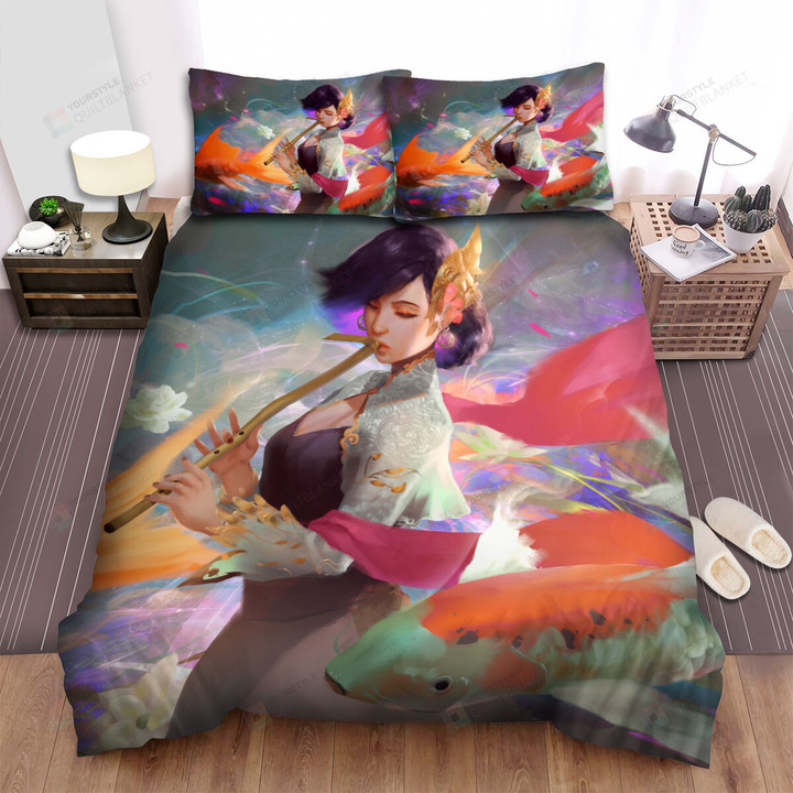 The Oriental Fish - Blowing The Flute For The Koui Fish Bed Sheets Spread Duvet Cover Bedding Sets