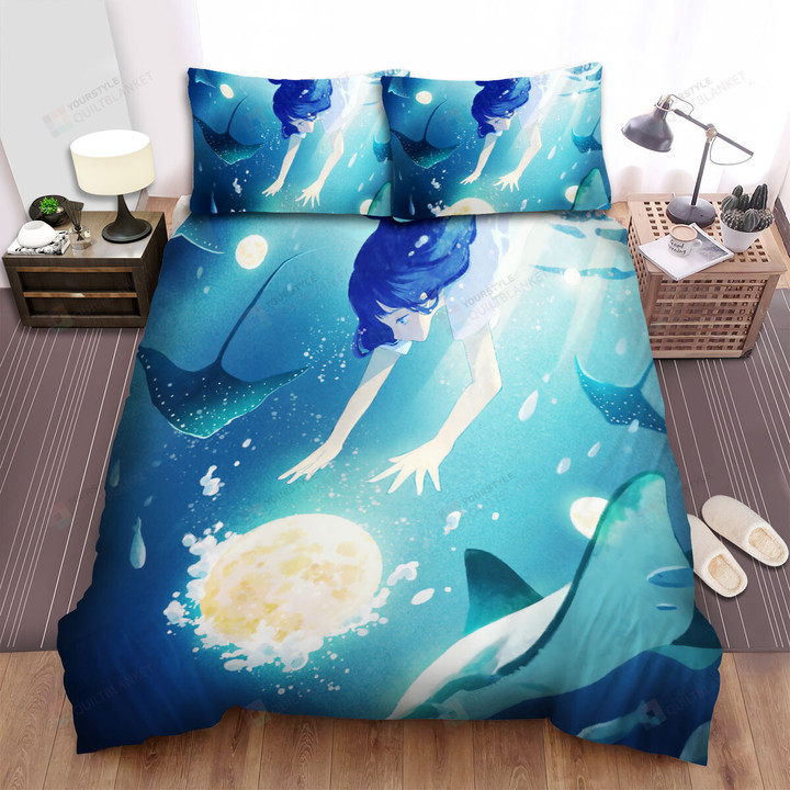 The Ray - The Schoolgirl Diving With The Stingray Bed Sheets Spread Duvet Cover Bedding Sets