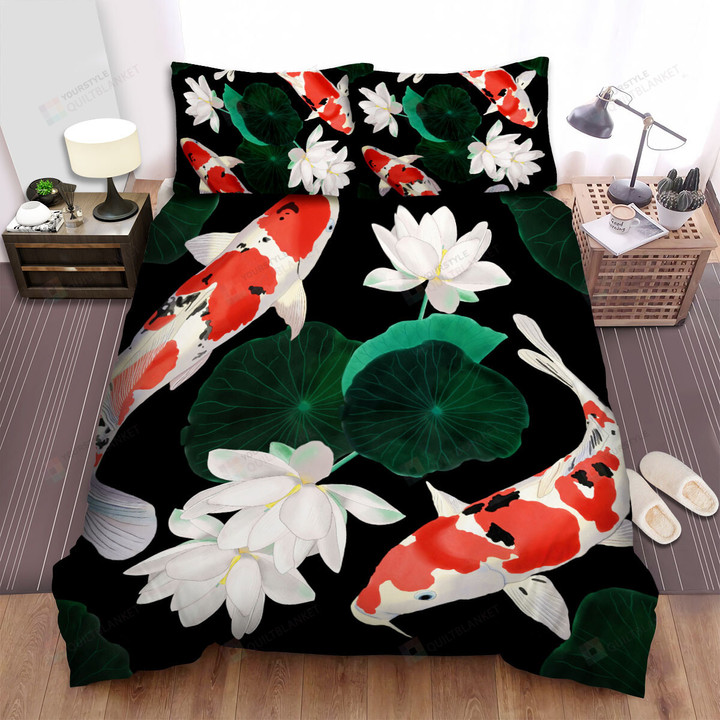 The Oriental Fish - The Koi Fish Around The White Lotus Bed Sheets Spread Duvet Cover Bedding Sets