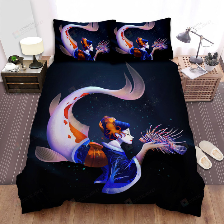 The Oriental Fish - The Koi Fish Geisha Art Bed Sheets Spread Duvet Cover Bedding Sets