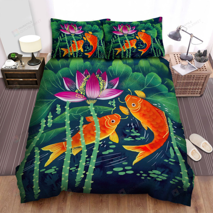 The Oriental Fish - The Koi Fish In The Lotus Pond Bed Sheets Spread Duvet Cover Bedding Sets