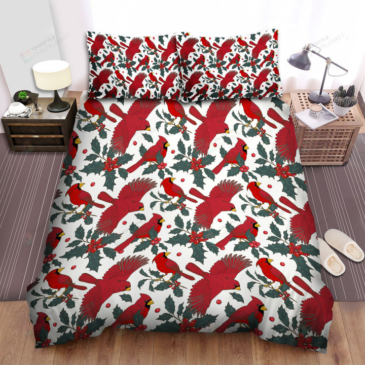The Wildlife - The Red Cardinal And Red Berries Seamless Bed Sheets Spread Duvet Cover Bedding Sets