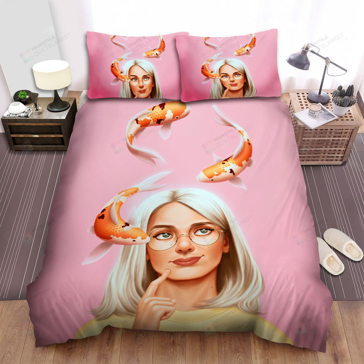 The Japanese Fish - The Showa Sanke Koi And The Glasses Girl Bed Sheets Spread Duvet Cover Bedding Sets