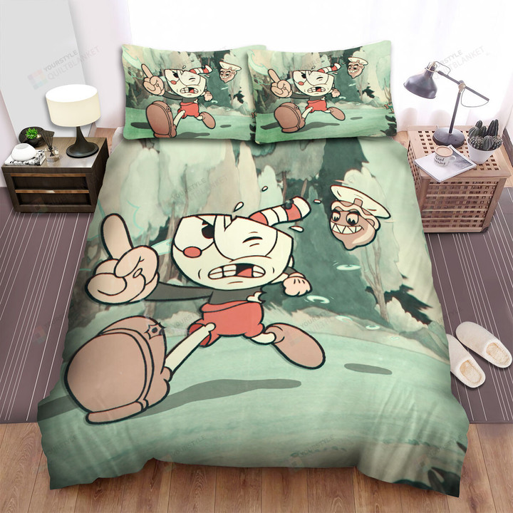 Cuphead - Cuphead Running Away Of His Enemy Bed Sheets Spread Duvet Cover Bedding Sets
