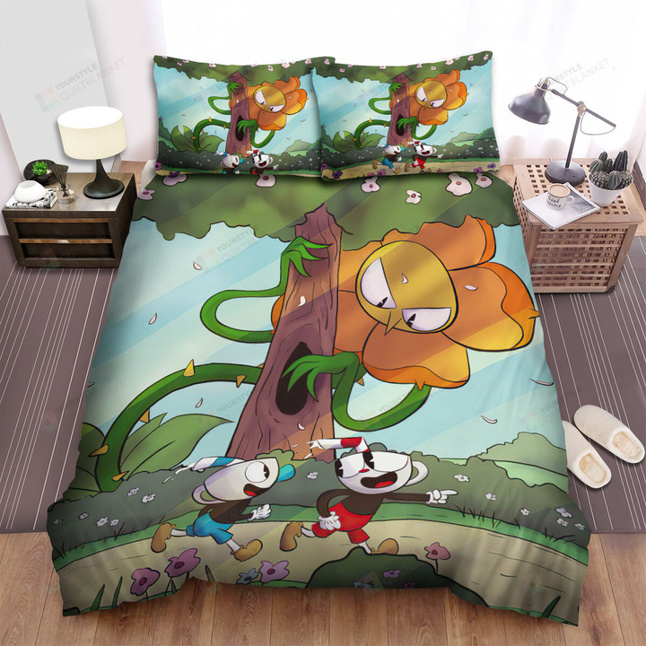 Cuphead - Cagney Carnation Watching Cuphead And Mugman Bed Sheets Spread Duvet Cover Bedding Sets