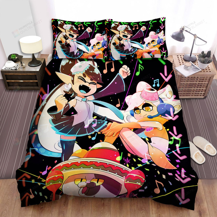 Splatoon - Li'l Judd Cat With Squid Sisters Bed Sheets Spread Duvet Cover Bedding Sets