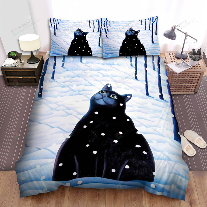 The Christmas Art - Yule Cat Waiting For Snows Bed Sheets Spread Duvet Cover Bedding Sets