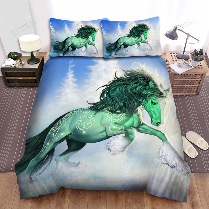 The Wild Creature - The Green Horse Running On Snow Bed Sheets Spread Duvet Cover Bedding Sets