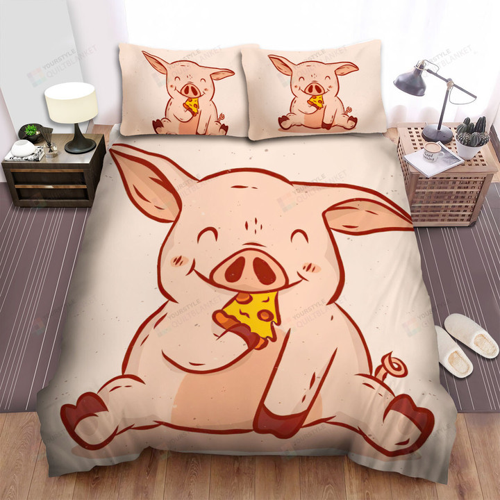 The Cute Animal - The Pig Eating Pizza Bed Sheets Spread Duvet Cover Bedding Sets