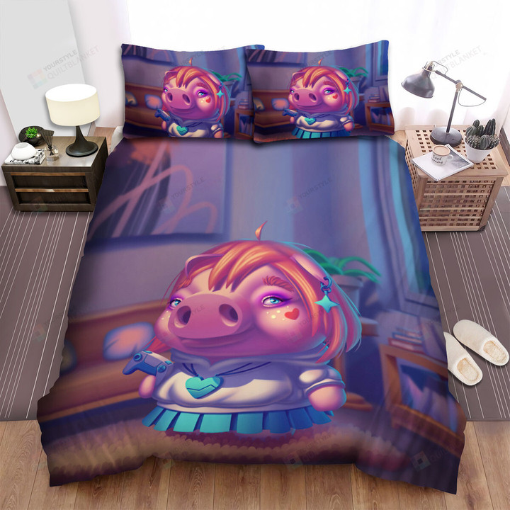 The Farm Animal - The Pig Girl Holding A Controller Bed Sheets Spread Duvet Cover Bedding Sets