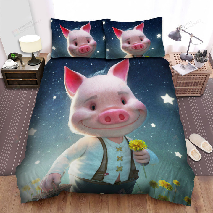The Farm Animal - The Pig Holding A Yellow Flower Bed Sheets Spread Duvet Cover Bedding Sets