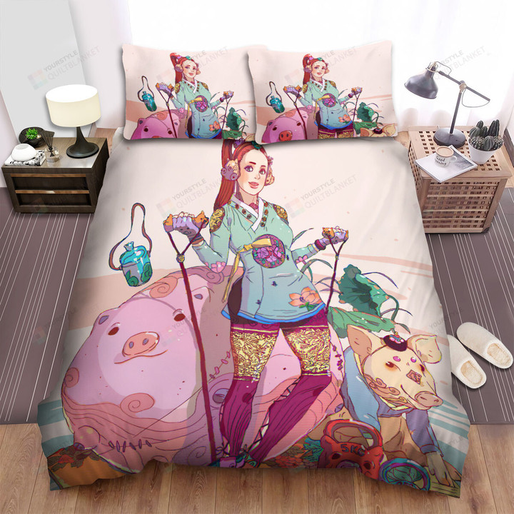 The Farm Animal - The Pig Beside The Oriental Girl Bed Sheets Spread Duvet Cover Bedding Sets
