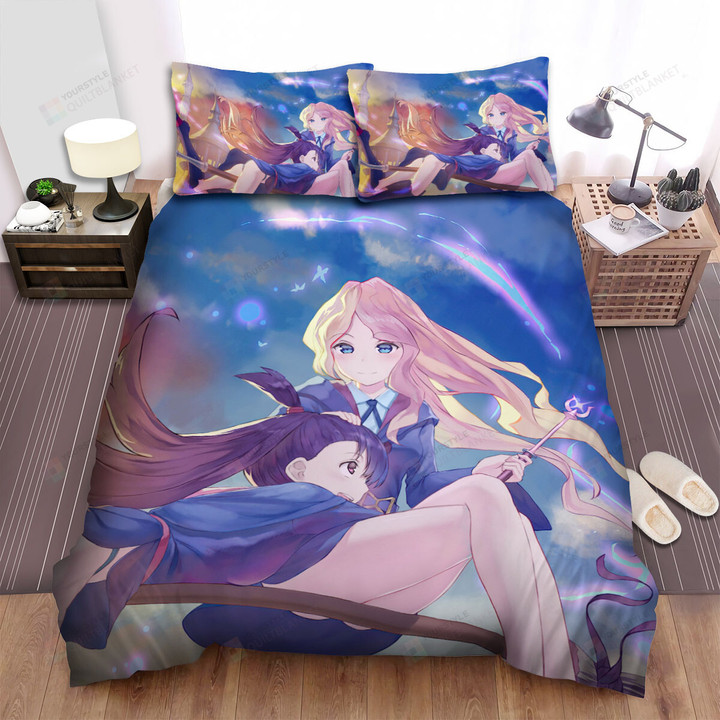 Little Witch Academia Kagari Atsuko & Diana Cavendish On Flying Broom At Sunset Bed Sheets Spread Duvet Cover Bedding Sets