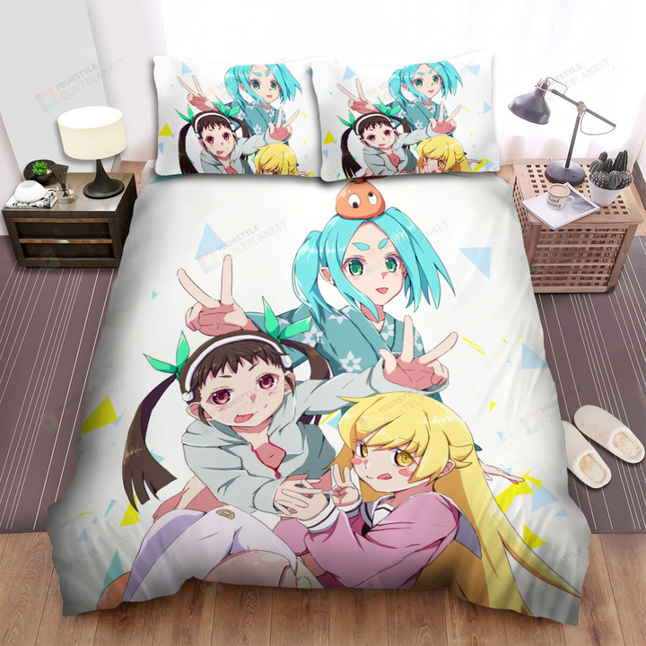 Monogatari Girls In Cute Poses Bed Sheets Spread Duvet Cover Bedding Sets