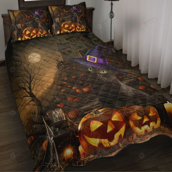 Black Cat Halloween Quilt Bedding Set