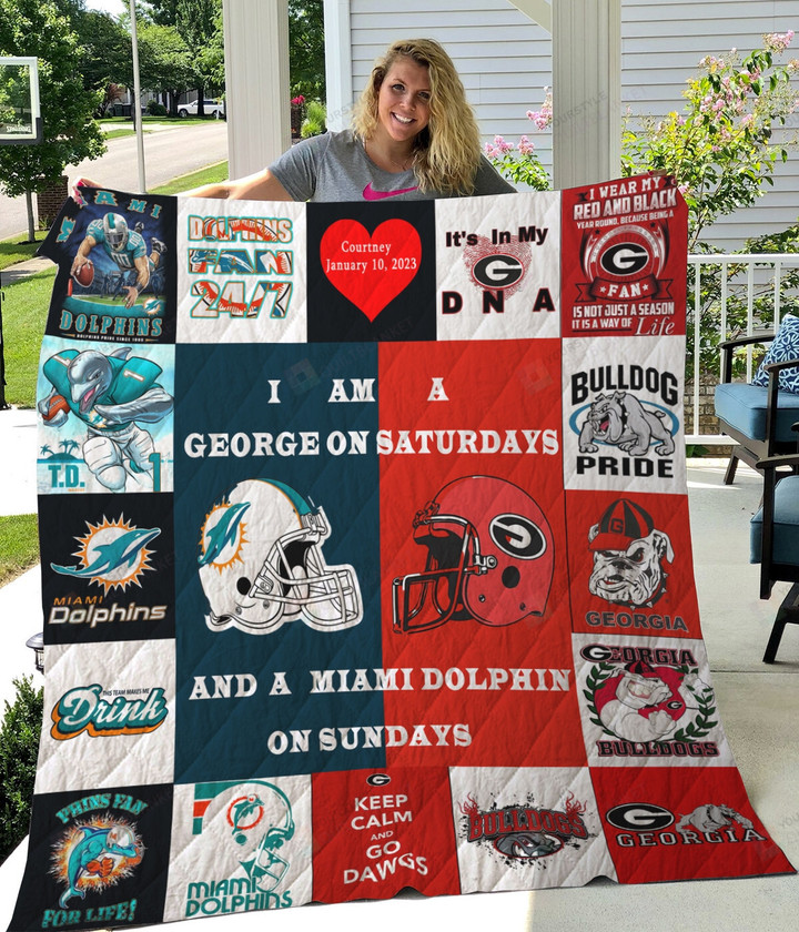 Personalized Miami Dolphin And Georgia Bulldog Quilt Blanket