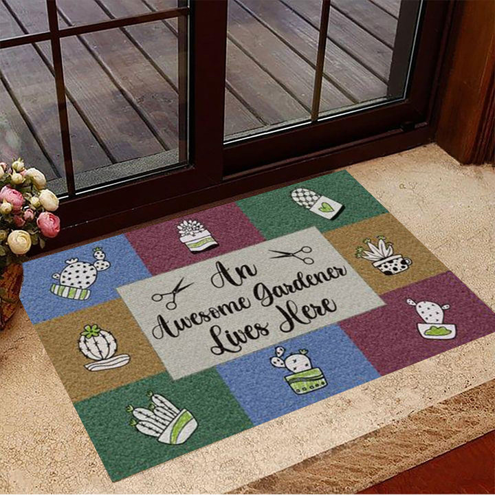 Cactus An Awesome Gardener Lives Here Doormat Welcome Home Mat Presents For Plant Lover - 1
