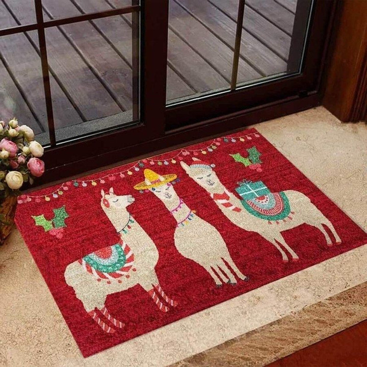 Merry Christmas Llama Coir Pattern Print Doormat - 1