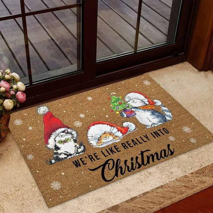Were Like Really Into Christmas Cat Coir Pattern Print Doormat - 1