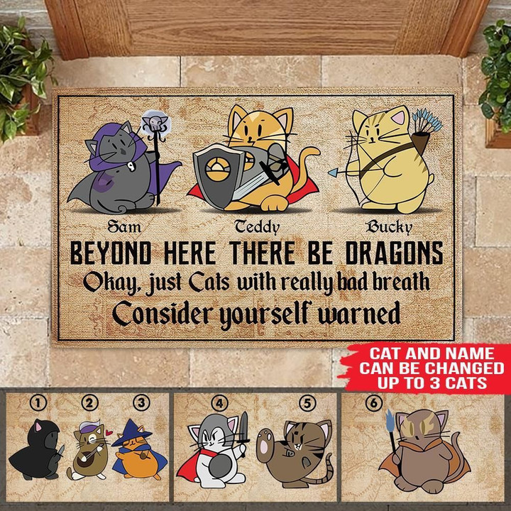 Cat Custom Beyond Here Therell Be Dragons Cat With Really Bad Breath DnD Personalized Gift   Personalized Welcome Coir Door Mats - 1