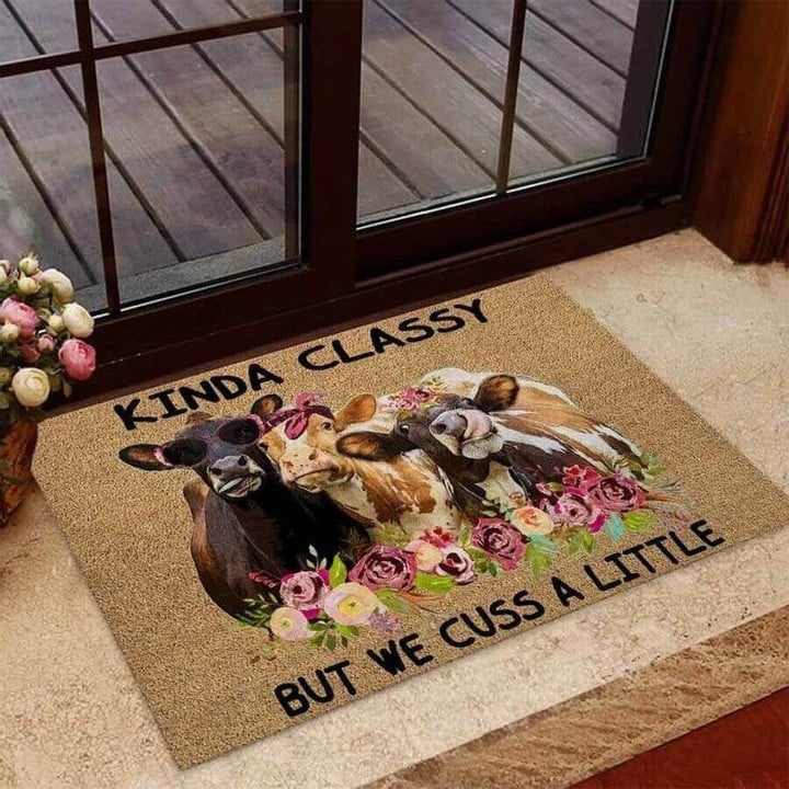 Kinda Classy But We Cuss A Little Cow Coir Pattern Print Doormat - 1
