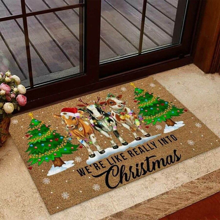 Were Like Really Into Christmas Cow Coir Pattern Print Doormat - 1