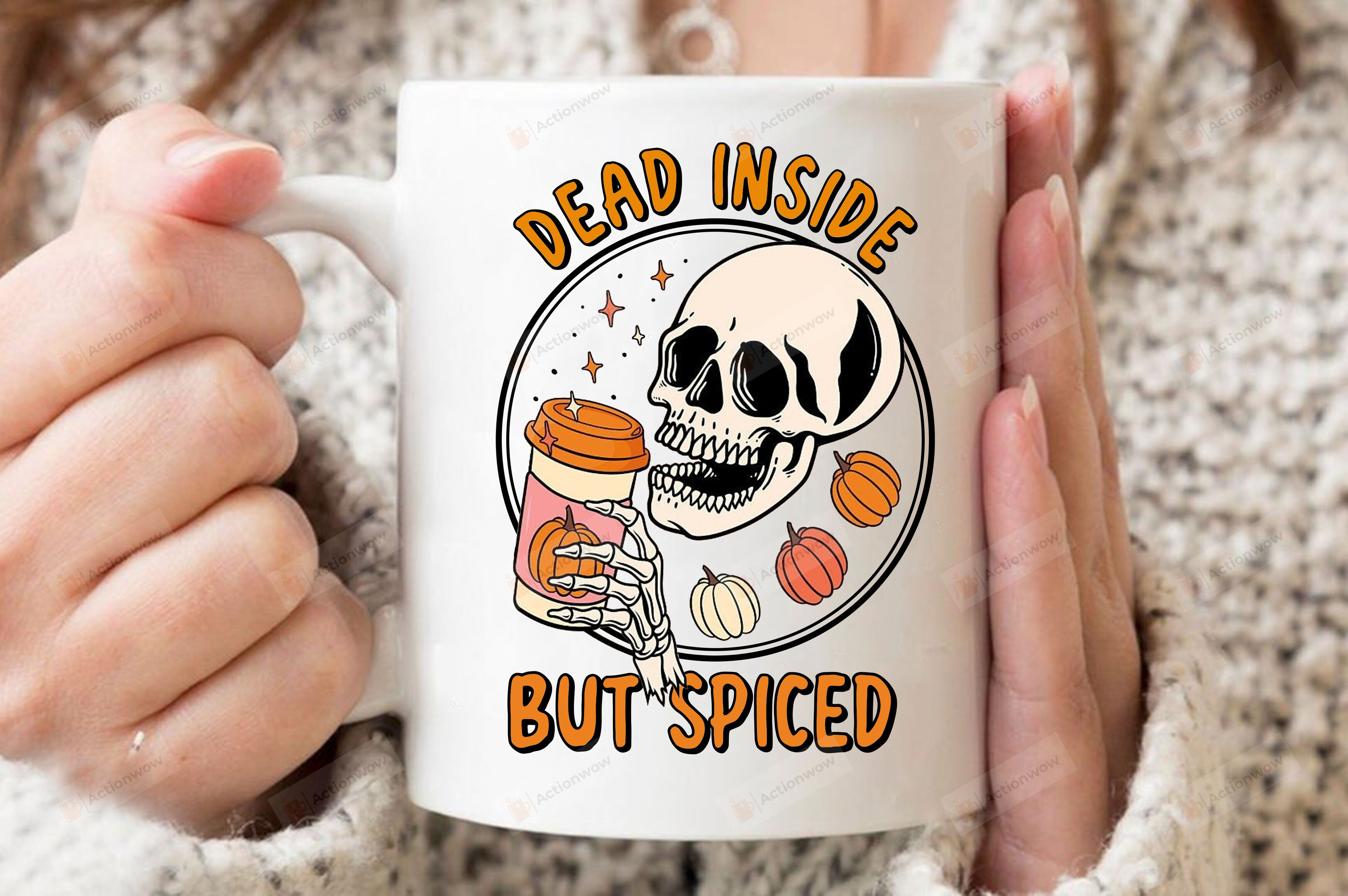 Dead Inside But Spiced Skeleton Halloween Coffee Mug, Sublimate Fall, Autumn Pumpkin Skeleton Mug