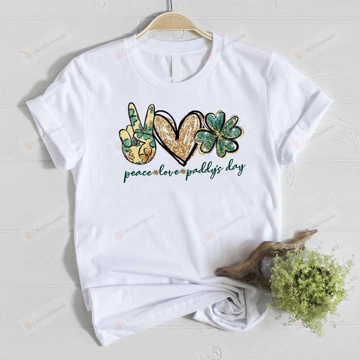 Hippie Happy Patrick's Day Tee & Hoodie, Peace Love Paddys Day T-Shirts, Irish Shamrock Four Leaf Clover T-Shirts For Irish Women Men, Patrick's Day Gifts
